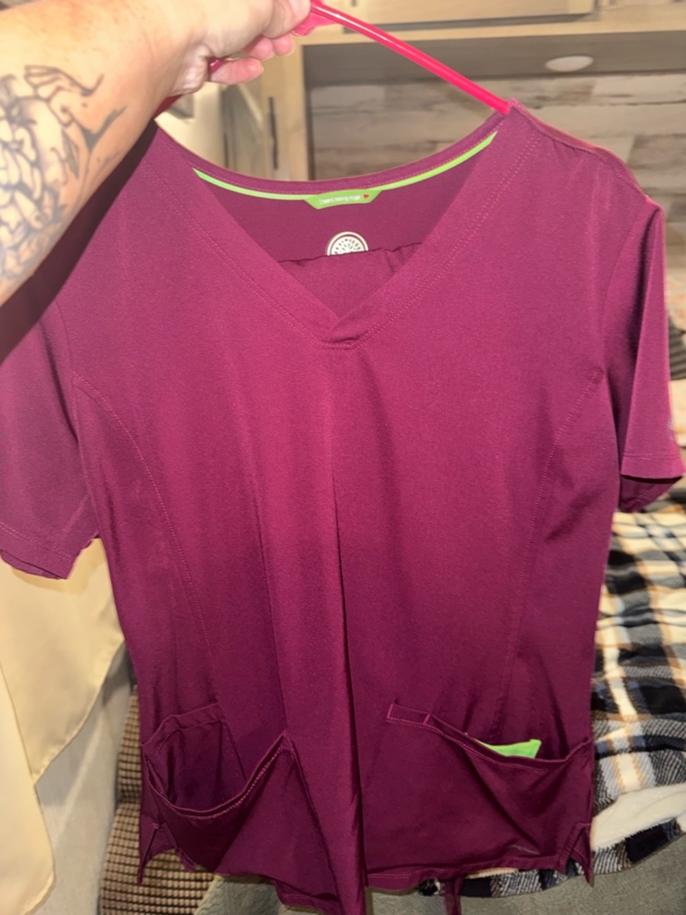 healing hands Women's V-Neck Scrub Top in Plum with Lime Trim